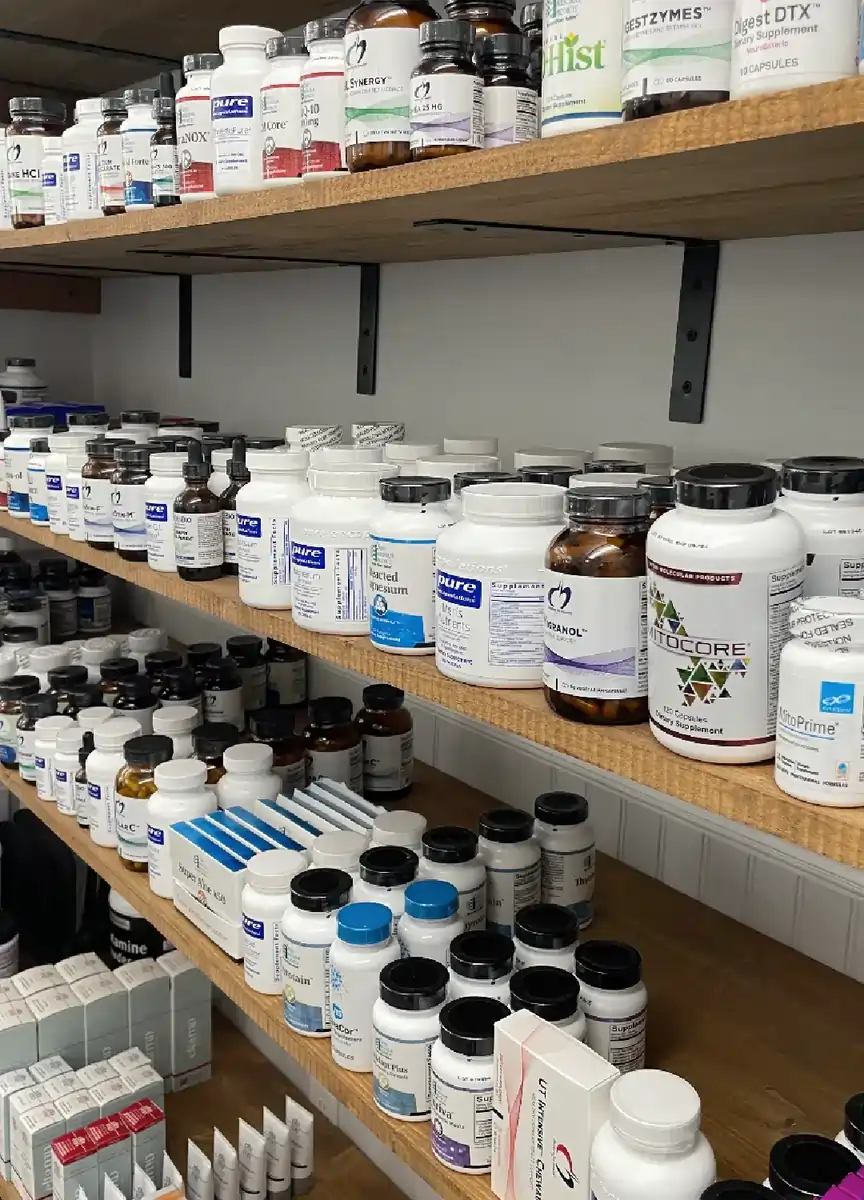 Shelves stocked with various health supplements and vitamins in a wellness clinic in provo, UT