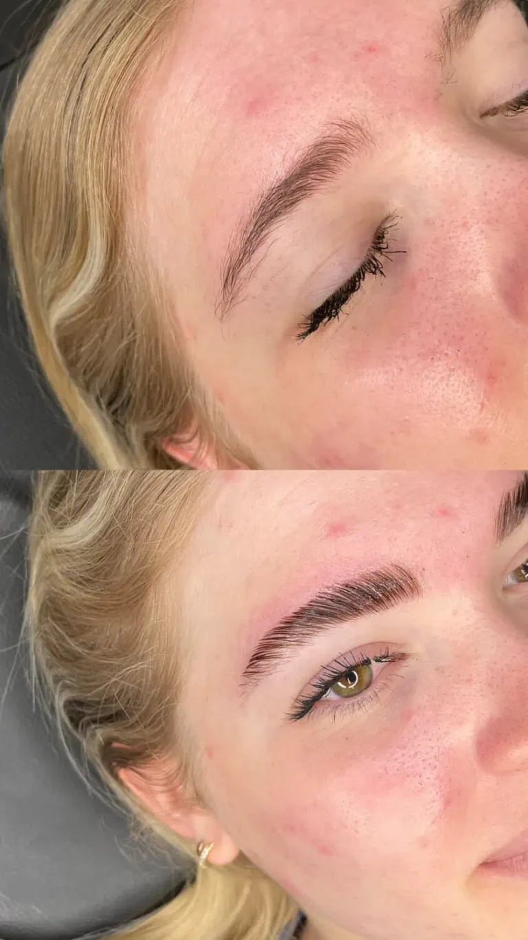 Before and after results of a brow lamination, showing a fuller and more defined eyebrow in Provo, UT.