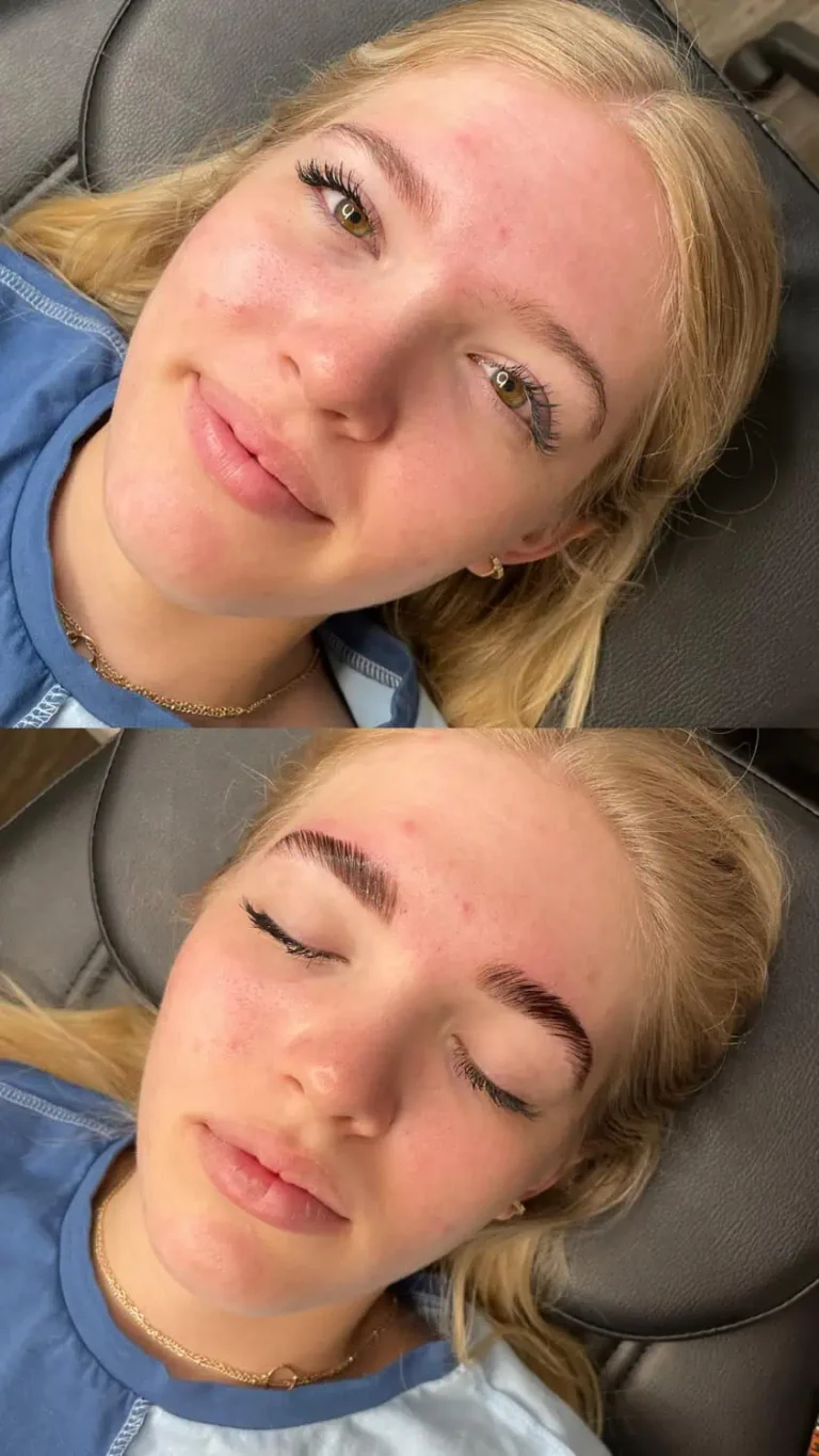 Before and after results of a brow lamination, showing groomed and lifted eyebrows in Provo, UT.