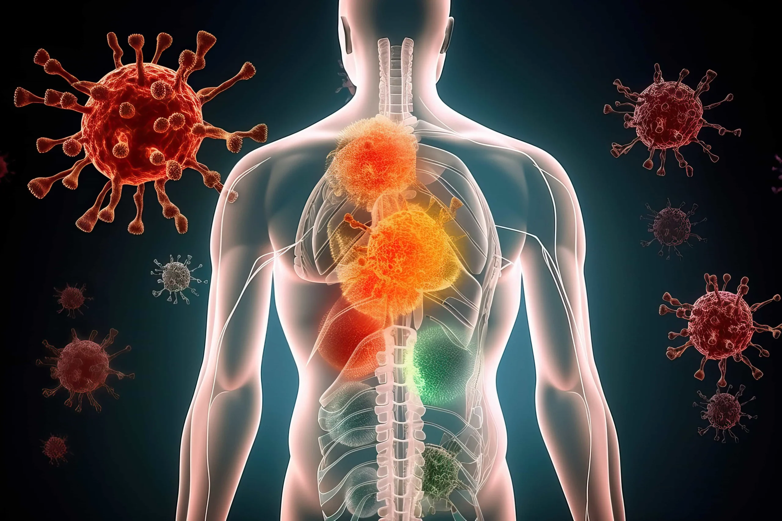 A scientific illustration of a human body under attack by viruses, symbolizing autoimmune disease treatment.